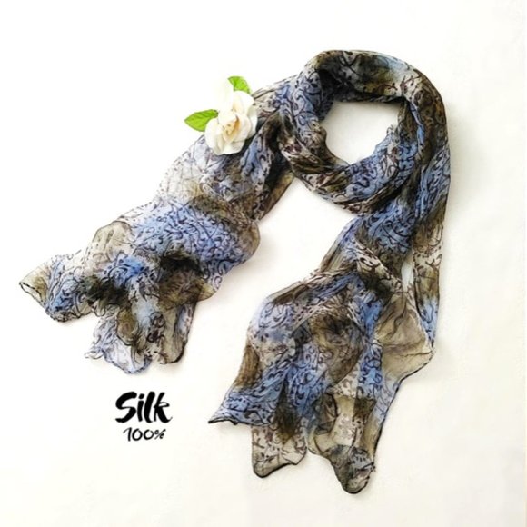 100% Silk Rectangle Long Scarf Sheer Blue Brown Floral Print Soft Lightweight - Picture 4 of 11